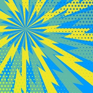 Blue and yellow Comic rays dots background. Vector illustration in pop art retro style